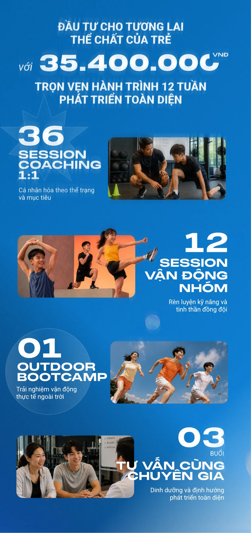Gói Next Gen Foundation 12 tuần: 36 session coaching 1:1, 12 session vận động nhóm, outdoor bootcamp và tư vấn chuyên gia
